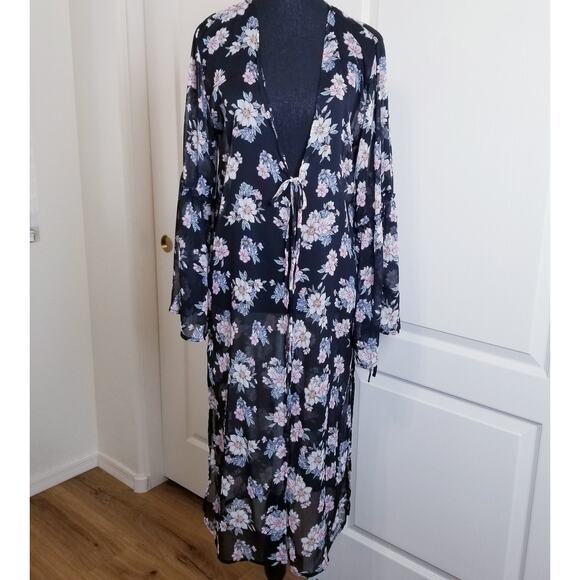 Band Of Gypsies Long Kimono Black Multicolor Floral Ruffle Sleeve Side Slit Sz S - Picture 1 of 11